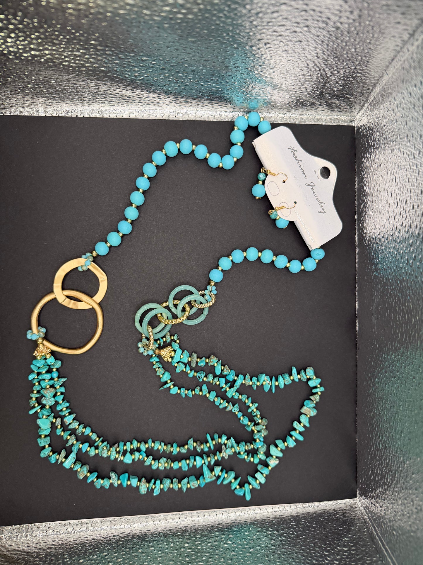L&B Creations Multi-Strand Turquoise, Wood, Brushed Gold Tone Statement Necklace Set