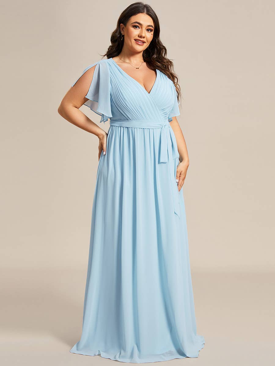 Ever-Pretty - Plus Size Belted Chiffon Bridesmaid Dress: Dark Green / 24