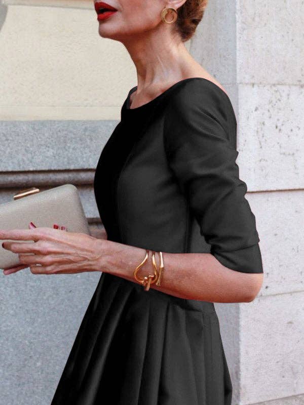 Sheer Trend - A-Line Loose Pleated Pockets Solid Color Split-Joint Round-Neck Midi Dresses: L / GREEN