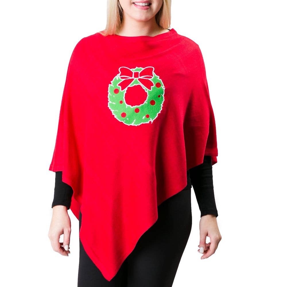 Top It Off - Holly Boardwalk Poncho- 29 Colors: Red with Cable Knit Wreath