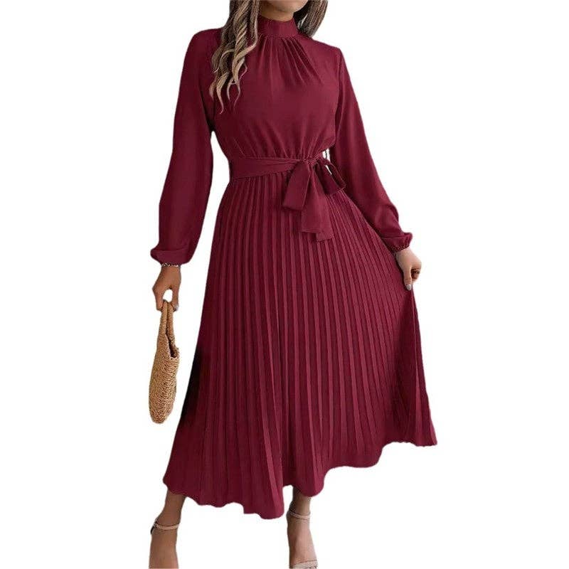 UZ Wholesale Store - Solid Color Stand Collar Long Sleeve Pleated Maxi Dress: BABY BLUE / XL