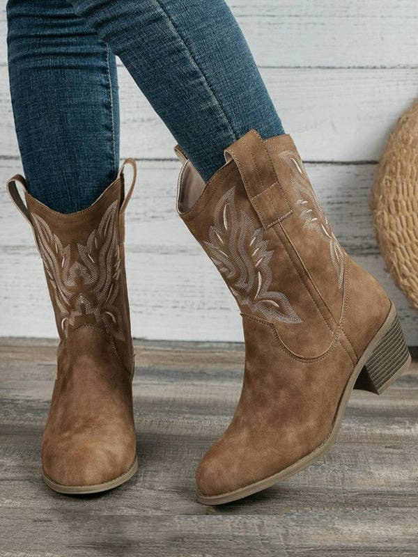UZ Wholesale Store - Embroidered Round-Toe Split-Joint Boots Pumps: CAMEL / US 6 | EU 36 2/3 | UK 4 | CN 36