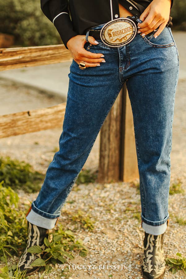 LUCKY & BLESSED - Dark Wash Tapered 90's Vintage Tummy Control Jeans: 4