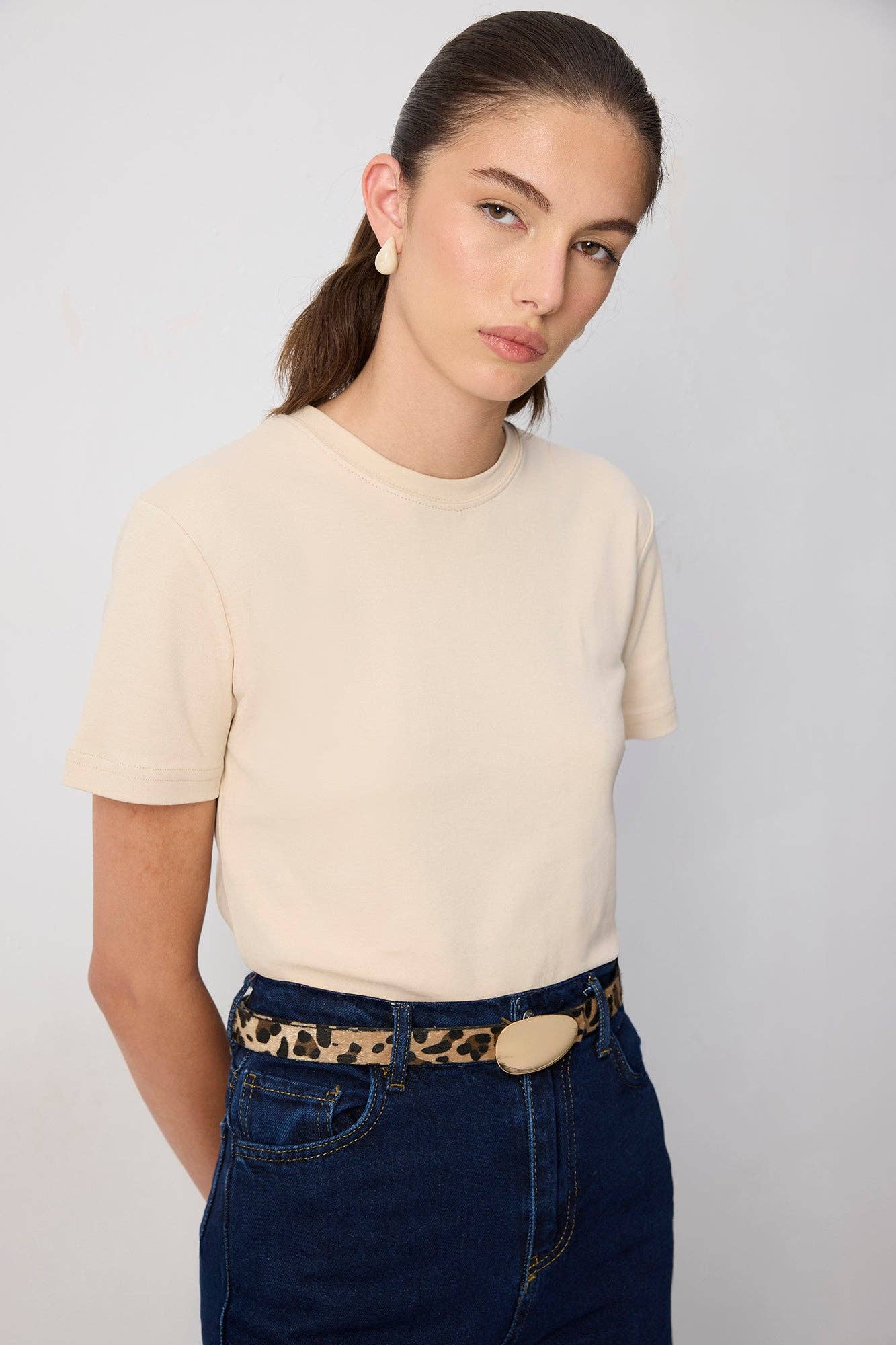 Touché Privé - Leopard Print Skinny Belt with Matte Gold Ellipse Buckle