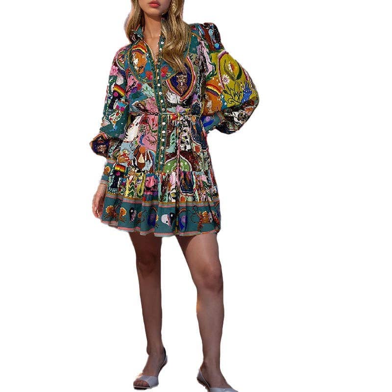 UZ Wholesale Store - Floral Round Neck Cinched Waist Tie Ruffle Hem Dress: PRINTING / XL