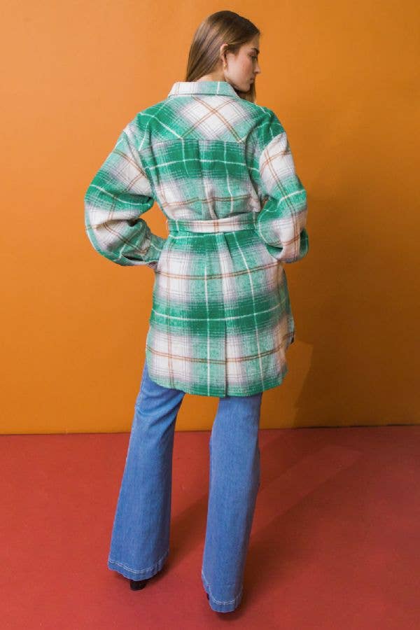 FLYING TOMATO Plaid Midi Shacket Green & Ivory