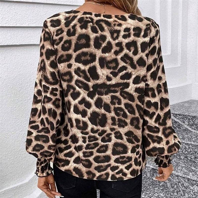 UZ Store Leopard V Neck Lantern Sleeve Shirt: COFFEE