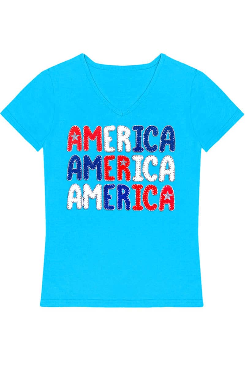 Cutie Patootie Clothing - GKT-16811B-588 Girl's V-Neck 'America' Graphic Tee