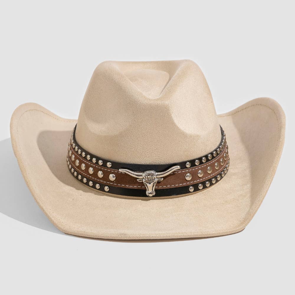 Collections by Fame Accessories - Layered Western Bull Head Strap Cowboy Hat: BK