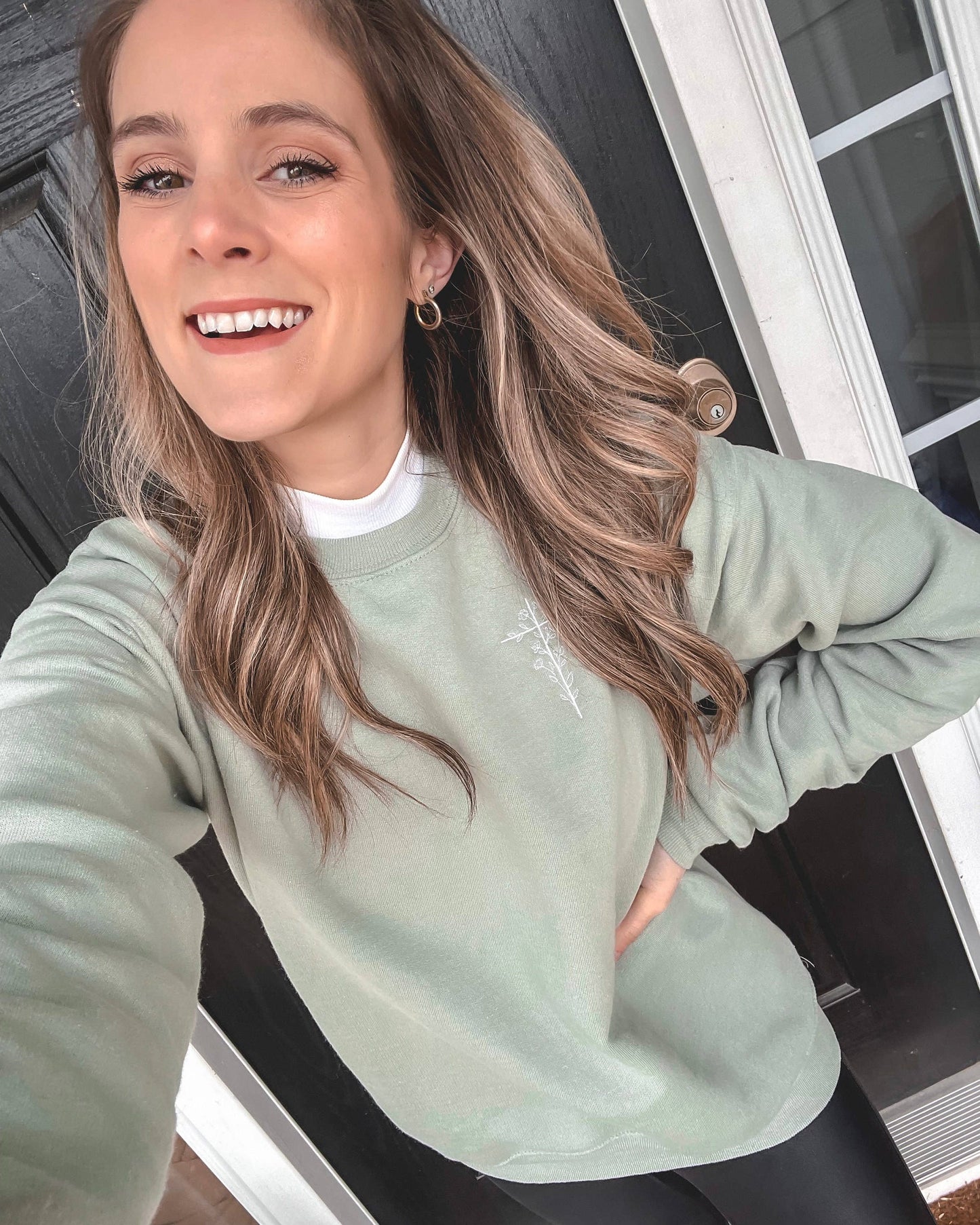 Honey Soul LLC - Embroidered Floral Cross Sweatshirt: Stonewash Green / Large