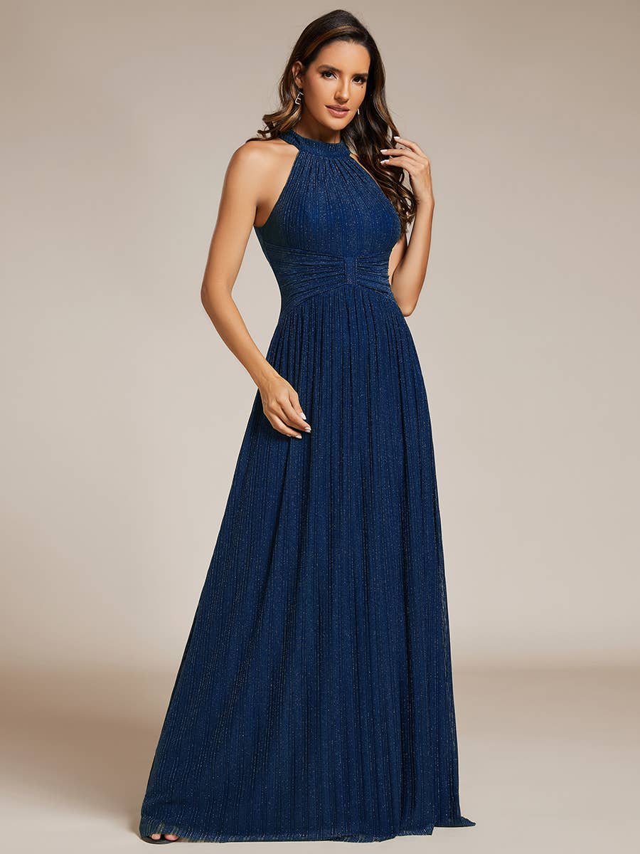 Ever-Pretty - Glittery Halter Neck Pleated Formal Evening Dress: Dark Green / 12