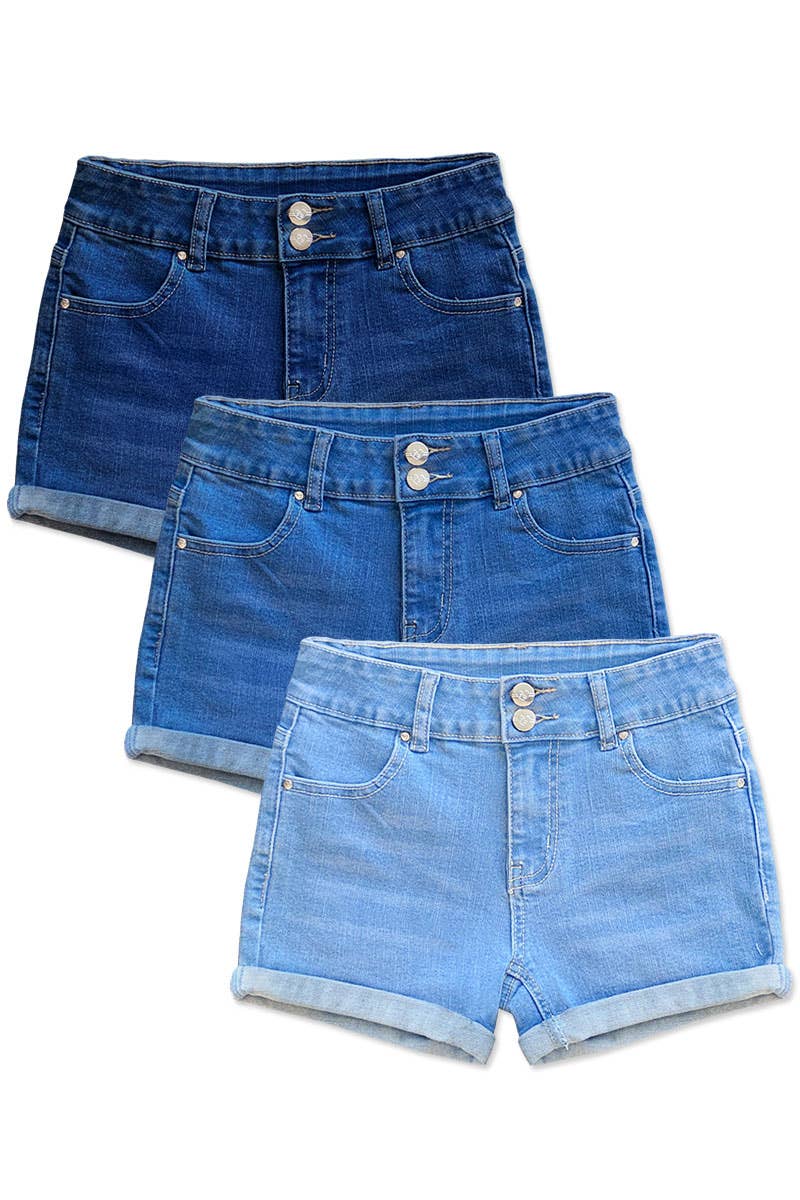 Cutie Patootie Clothing - GDS-22-89112B Girls Denim Short w/ 2 Buttons & Roll-Up Hem: Dark Denim