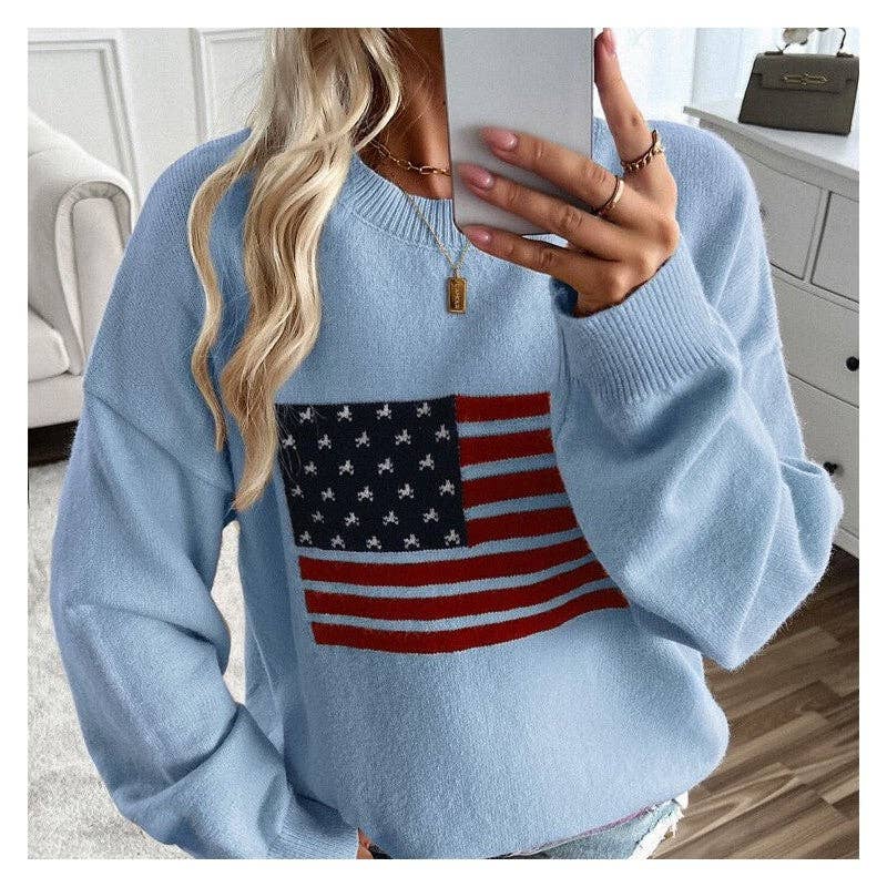 UZ Wholesale Store - Loose Fit Color Block Casual Pullover Sweater: LIGHT BLUE / M