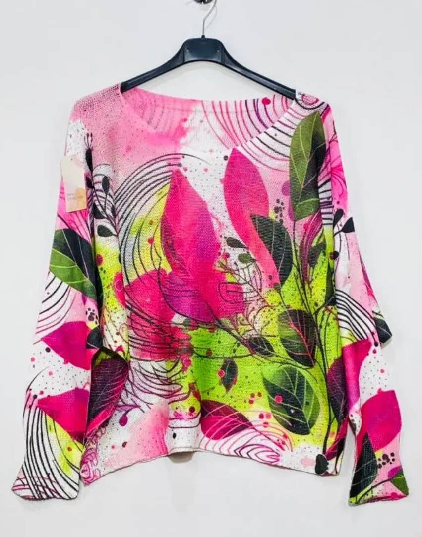 LOOWIE - VI590 Fuchsia Leaves Round Knit Printed Sweater LOOWIE