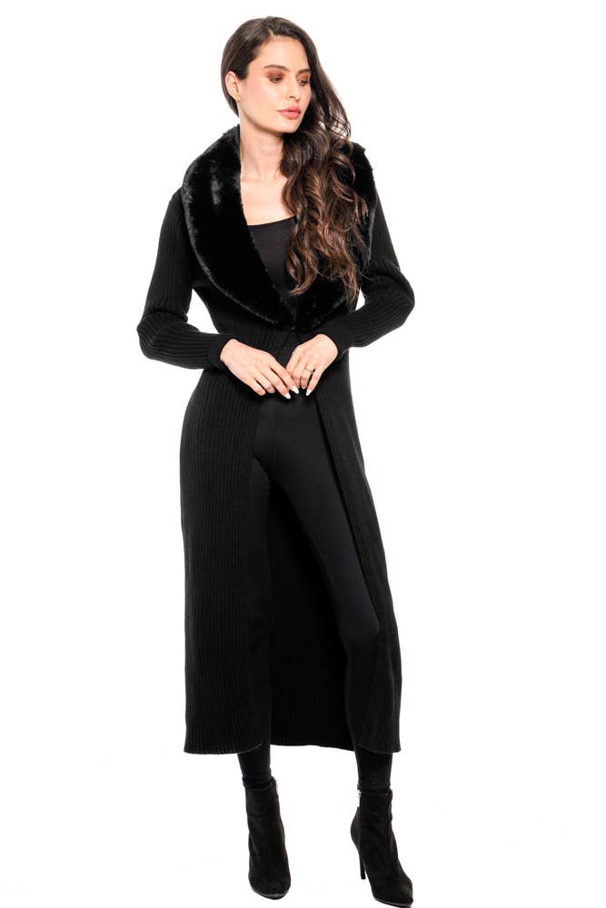Adore - L-34235 - Long Ribbed Knit Coat with Faux Fur Collar