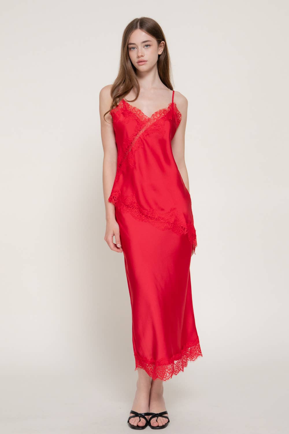 42POPS - Mid-rise Lace Trim Satin Midi Skirt: RED-RED