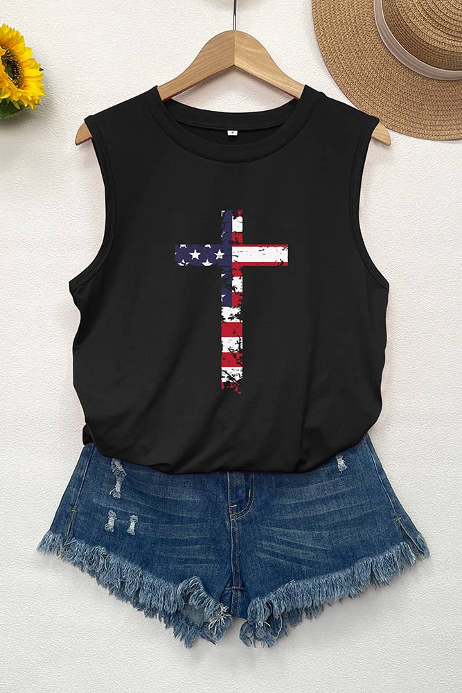 UNISHE - USA Flag Cross Christian Print Graphic Tank Top STC125D50: White / M