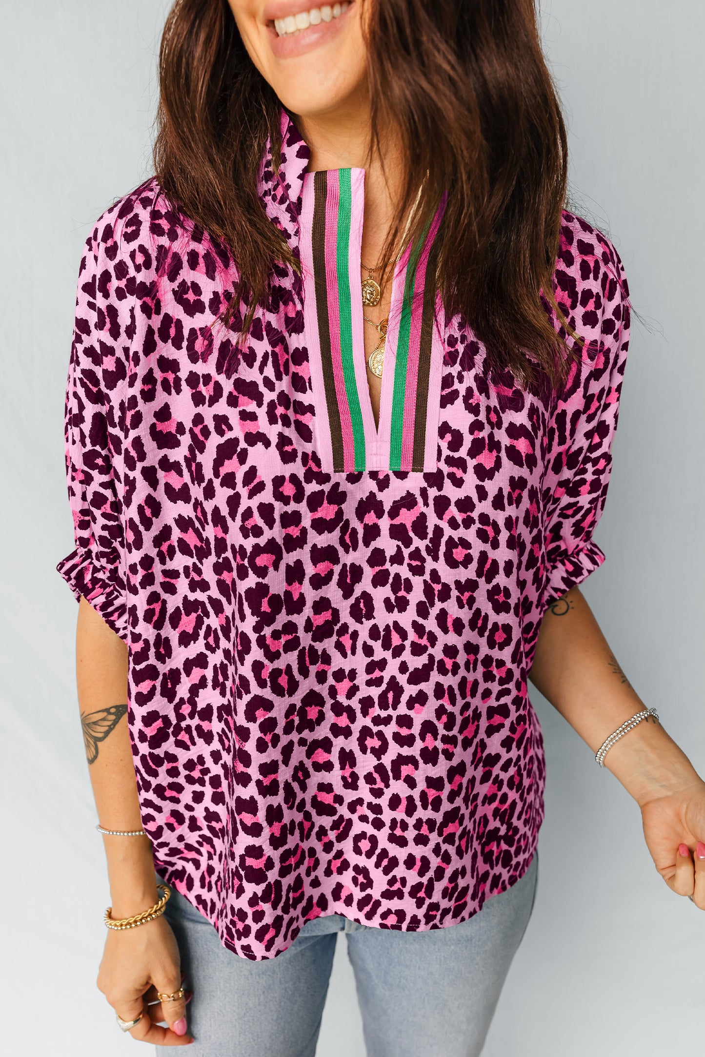 Khaki Pop of Color Neckline Loose Fit Leopard Print Blouse