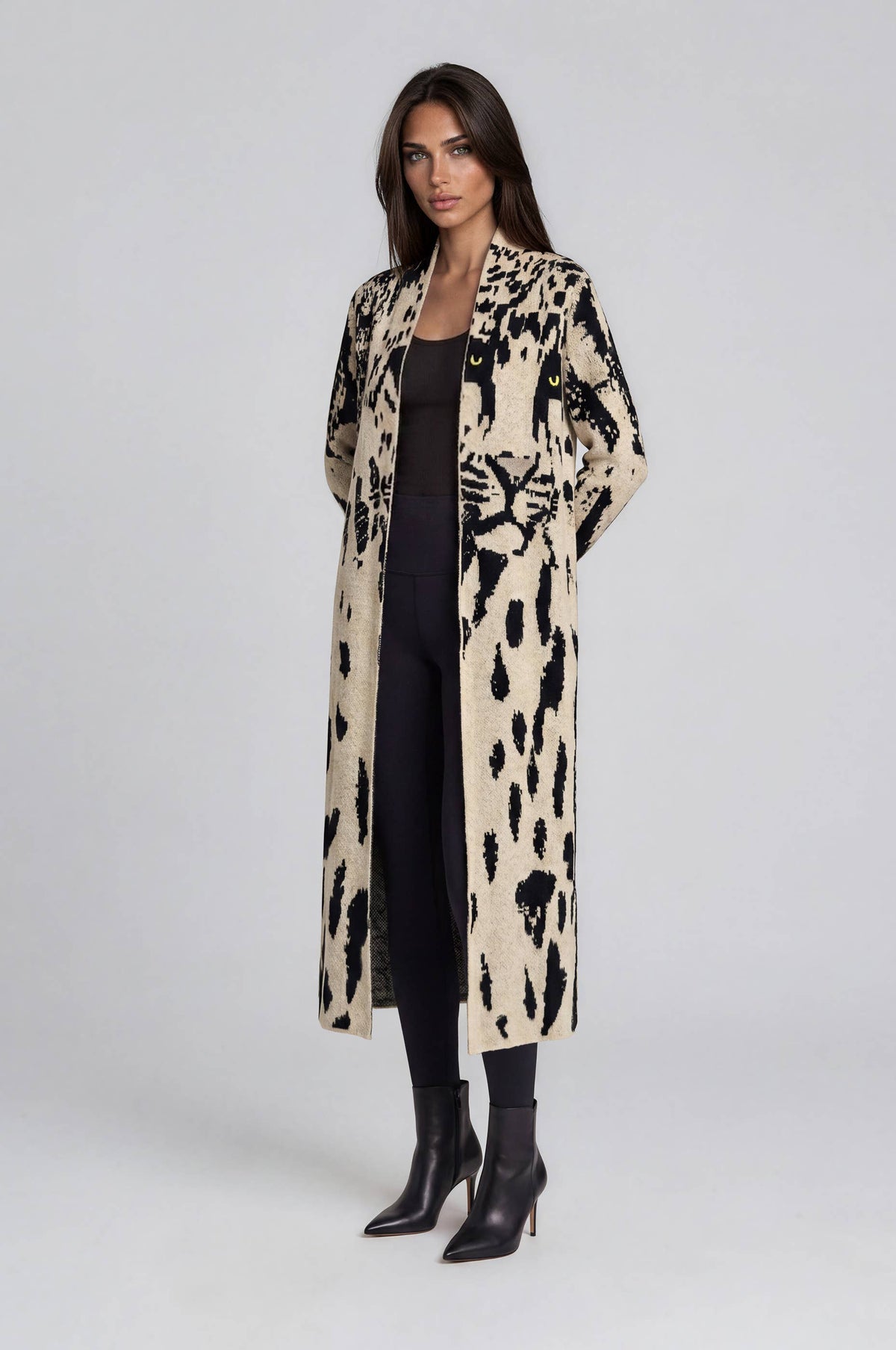 Adore - E26602 Leopard Intarsia Longline Knit Cardigan BACK ORDER: M
