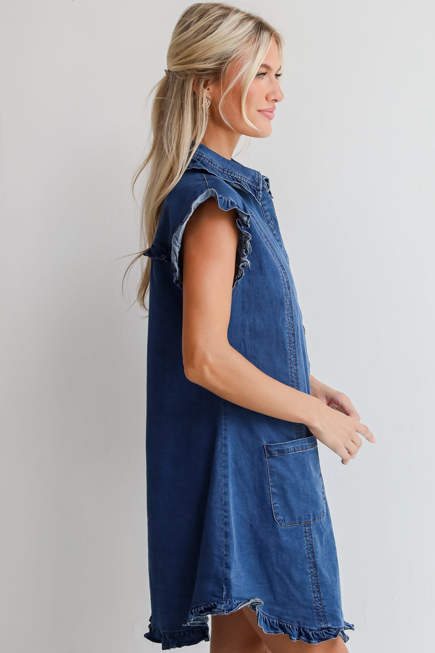 Fiery Red Ruffled Edge Collared Shift Denim Dress with Pockets