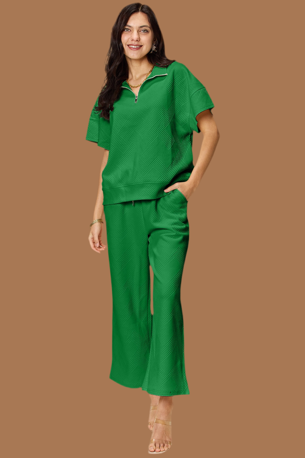 Double Take Full Size Texture Half Zip Short Sleeve Top and Pants Set