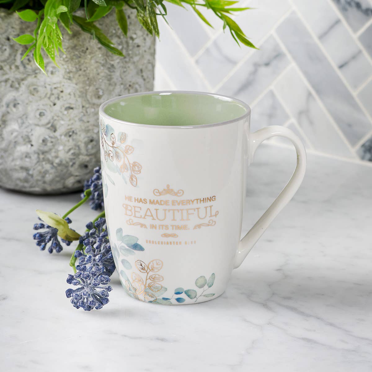 Christian Art Gifts - Mug White/Green Leaves Everything Beautiful Eccl. 3:11