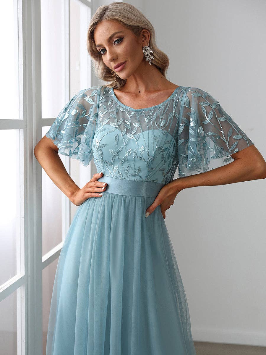 Ever-Pretty - Sequin Print Maxi Long Evening Dresses with Cap Sleeve: Dusty Navy / 14
