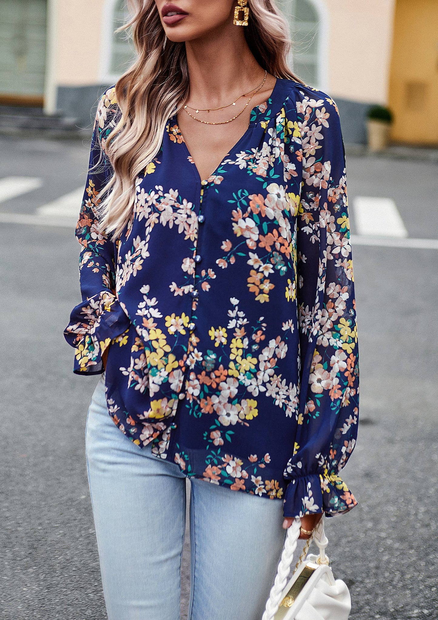ePretty - Floral Button Down Long Sleeve Blouse SZ25-TP32012: Beige / S