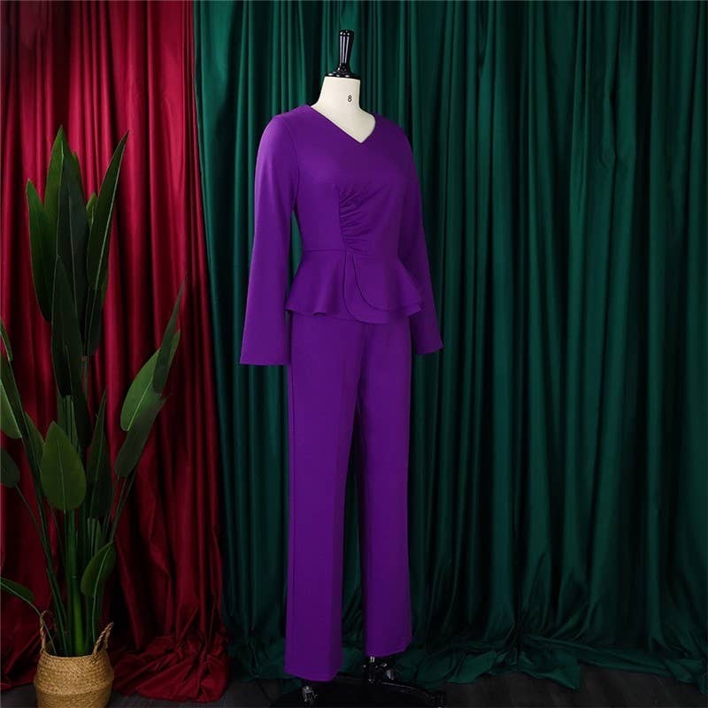 UZ Wholesale Store - Solid Color Ruffle V-Neck Two-Piece Set: PURPLE / XL