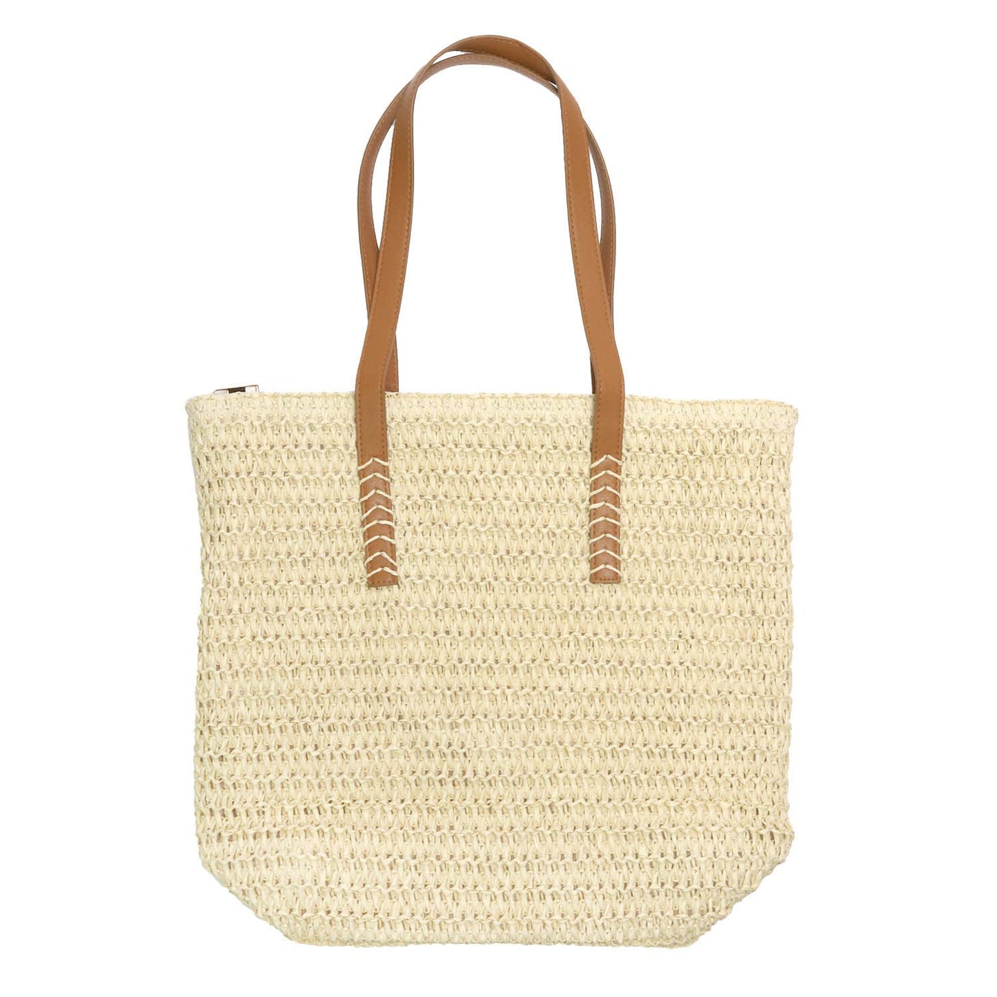 SP Sophia Collection - Woven Shoulder Zippered Tote Bag with Faux Leather Handles: Brown