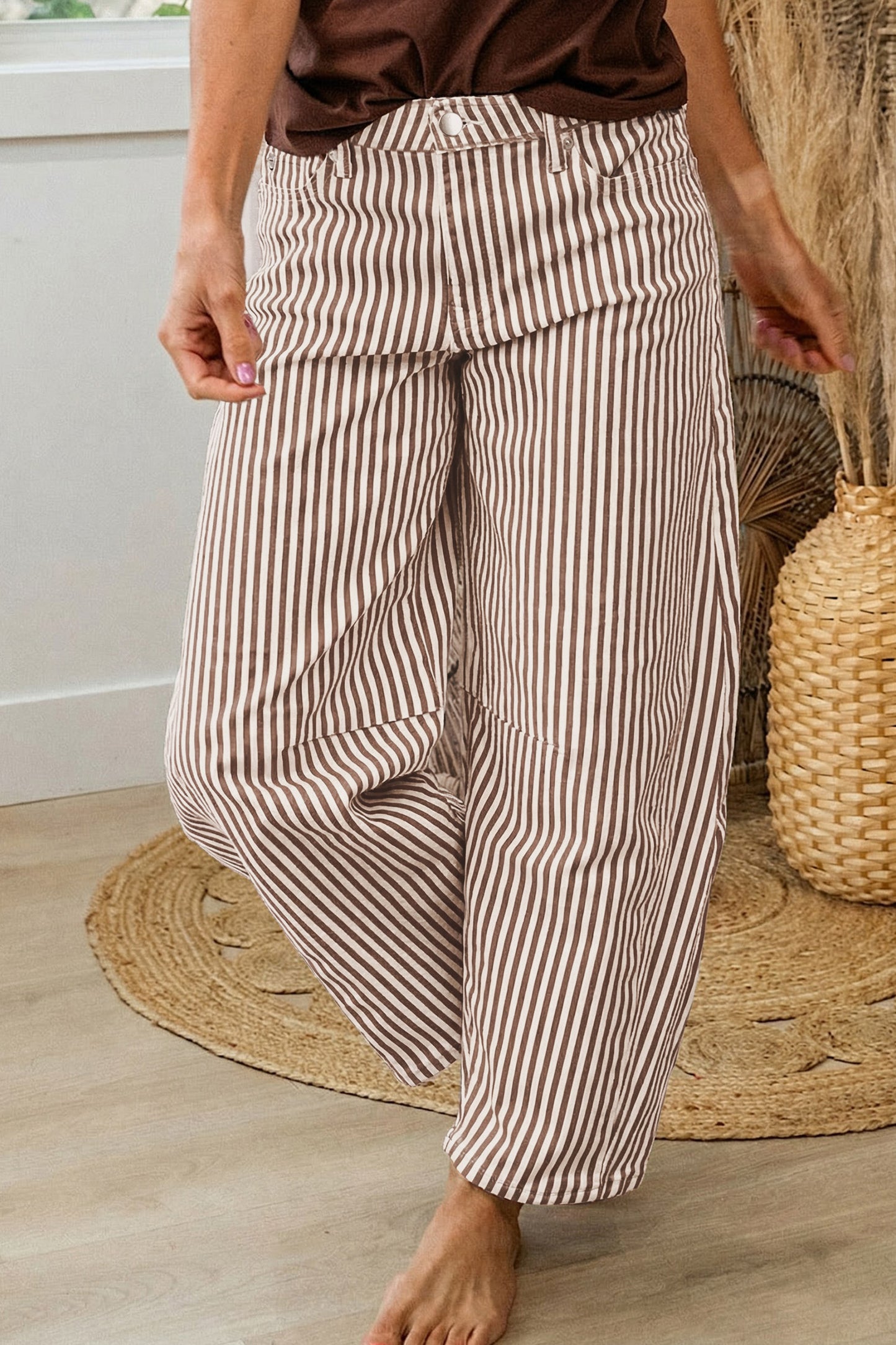 Khaki Stripe Casual Barrel Jeans