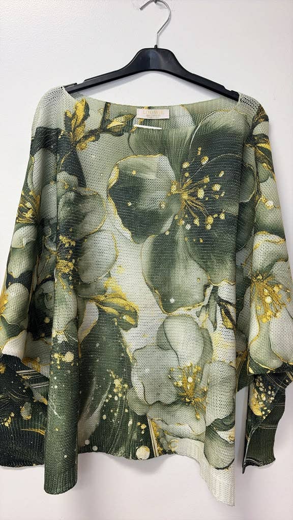 LOOWIE - VI010 Gilded Floral Print Knit Sweater Sage