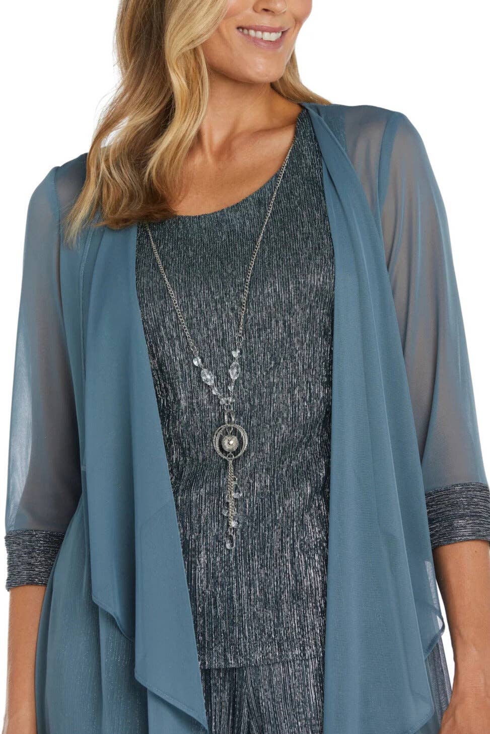 Immediate Apparel - R&M Richards Three Piece Crinkle Pantsuit Mesh Chiffon Jacket Relaxed-Fit Trousers with Necklace: SPRUCE / 14