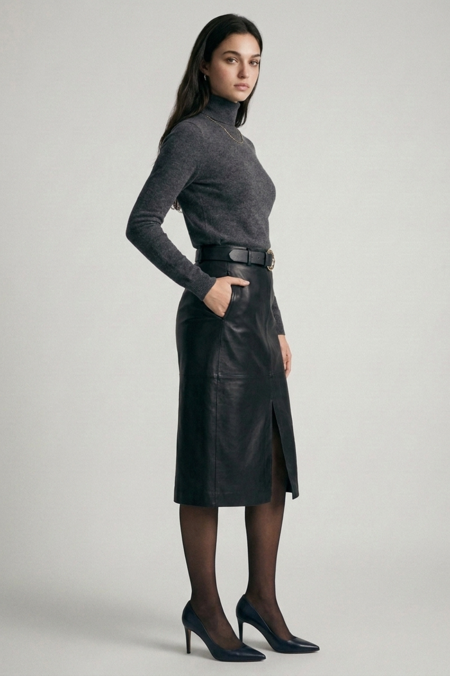 42POPS - Midi Leather Skirt w/ Leather Belt