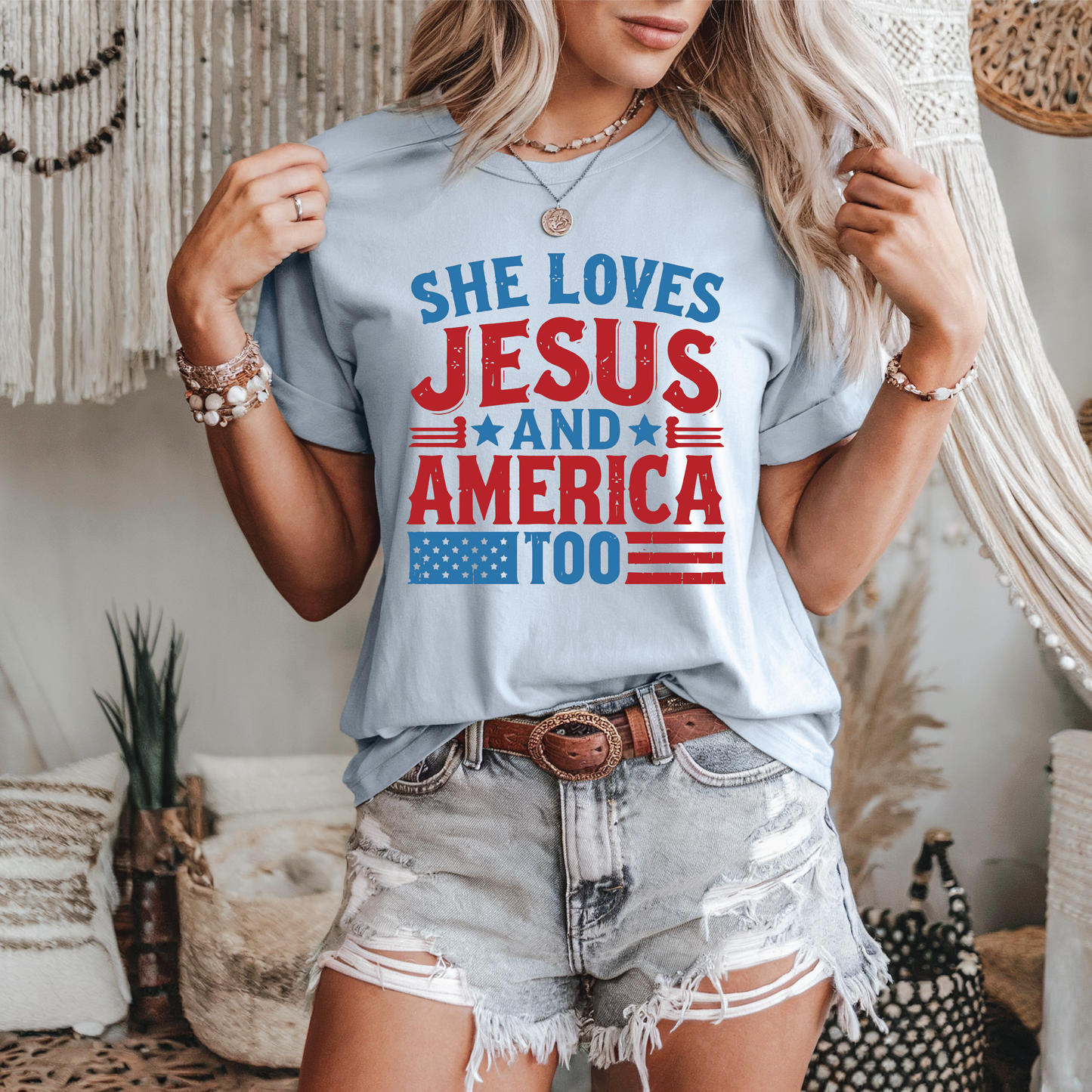 Southern Attitude Designs Inc - She Loves Jesus and America Too Patriotic Tee