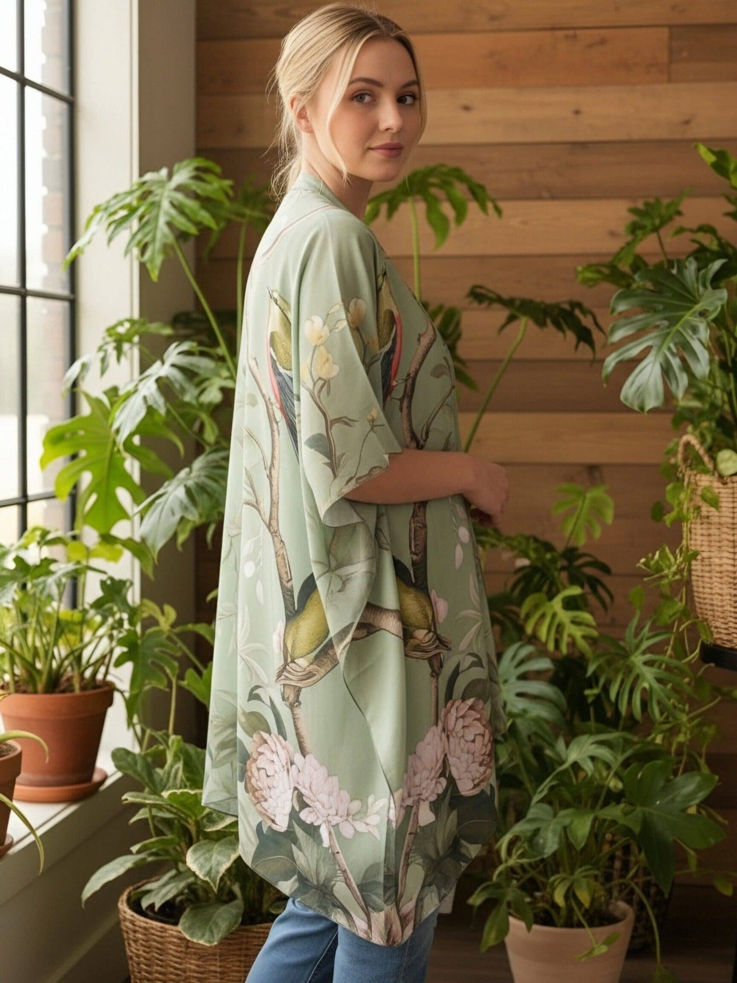 JC Sunny Fashion - JC091729 Green-Multi Spring Garden Blooms & Birds Kimono/Cover-Up