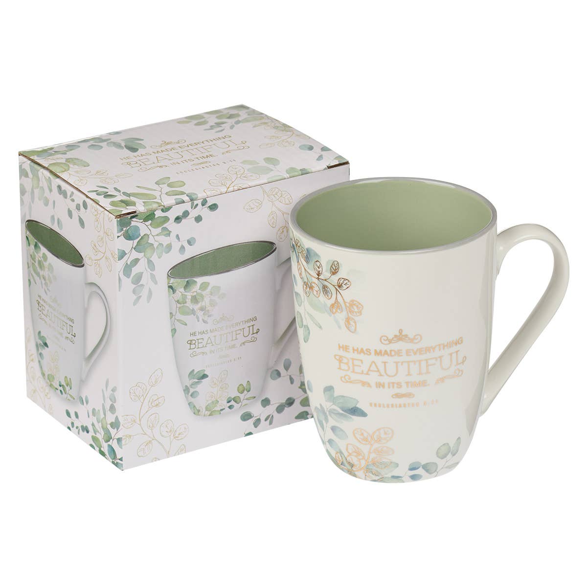 Christian Art Gifts - Mug White/Green Leaves Everything Beautiful Eccl. 3:11