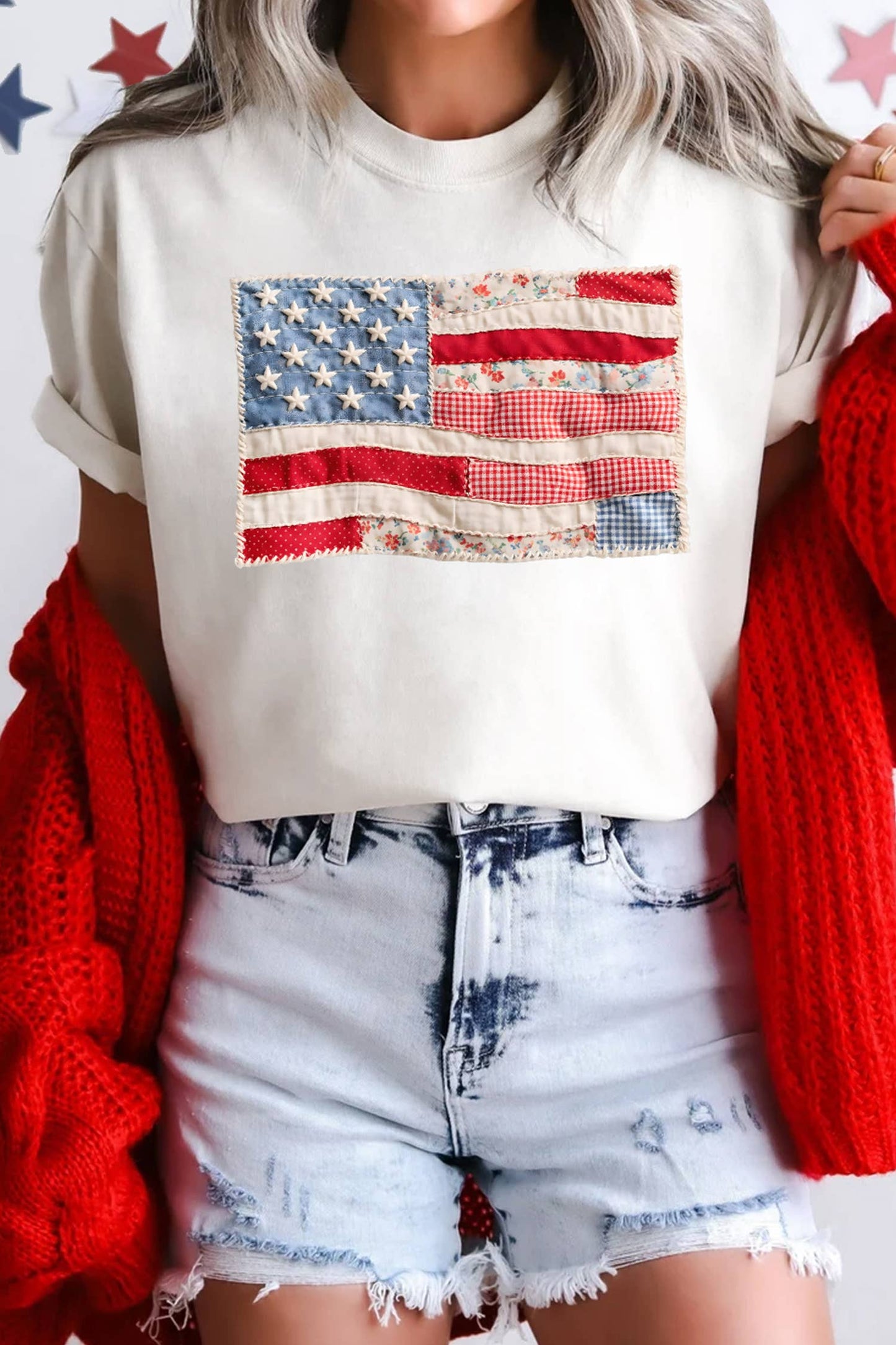 66DISCO - Faux Patchwork Printed US Flag Casual Tee