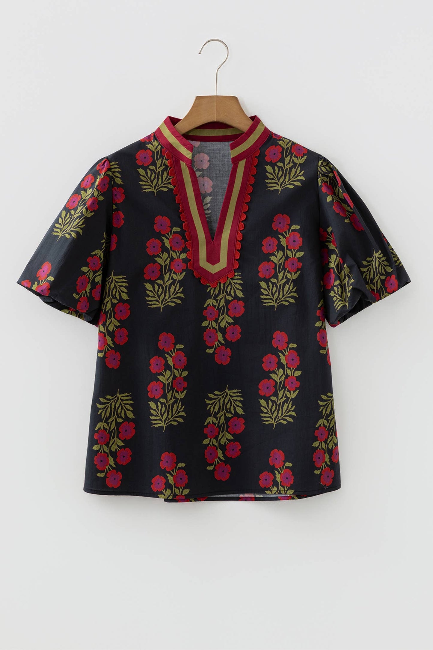 66DISCO - Floral Short Bubble Sleeve Contrast Plus Size Top (S-4X): Black / 3X