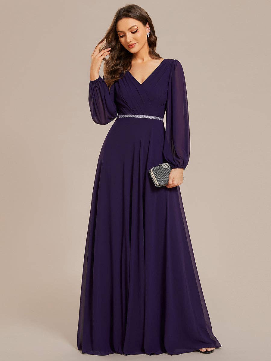 Ever-Pretty - Elegant waisted chiffon V-neck Long Sleeve guest Dress: Burgundy / 12