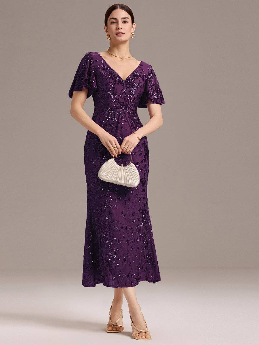 Ever-Pretty - Strapless Deep Fishtail Paillette Midi Evening Dresses: Sapphire Blue / 22