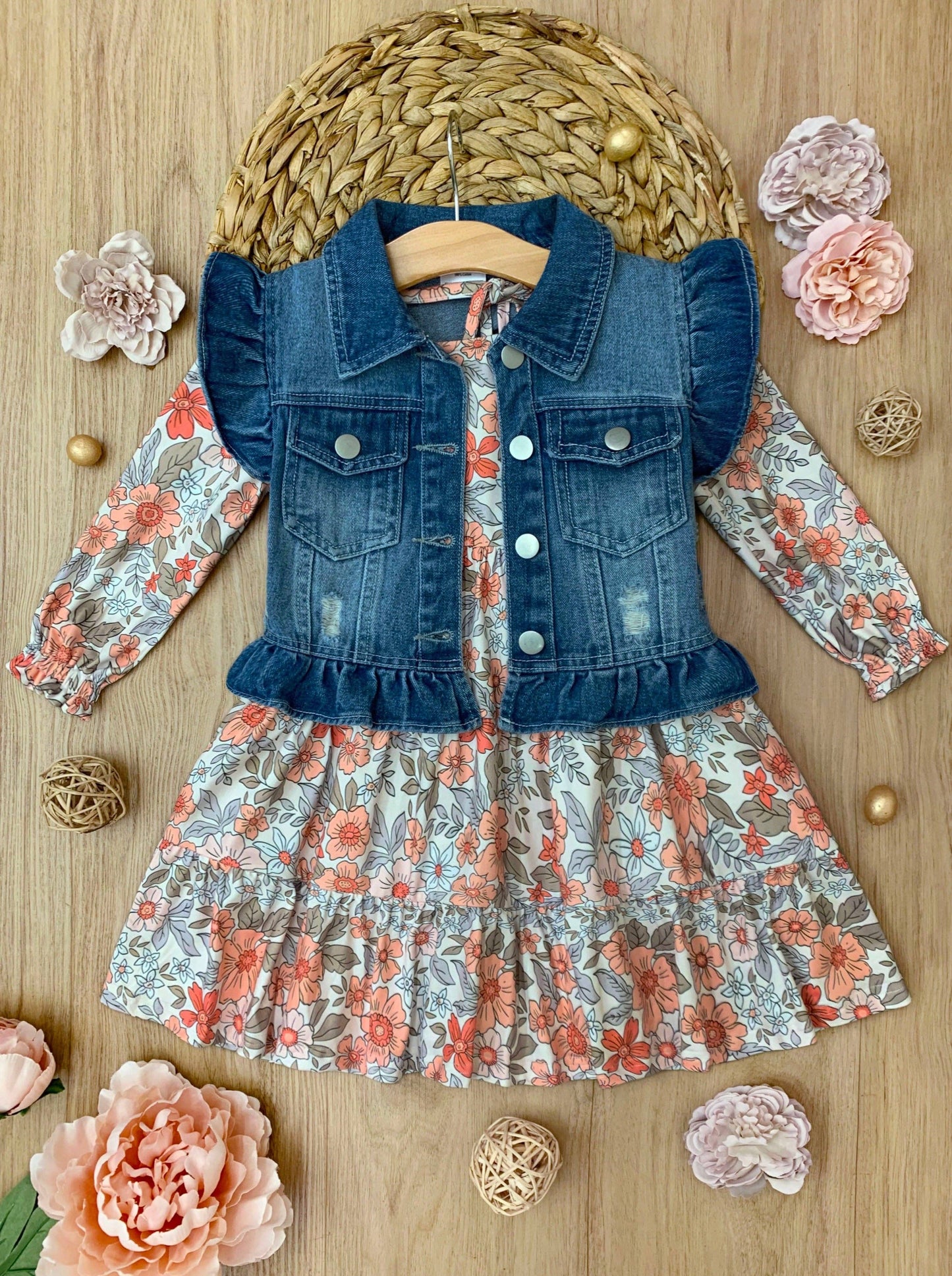 Mia Belle Girls • Wholesale - Long Sleeve Floral Dress w/ Ruffle Denim Vest & Set: Multicolor / 5Y