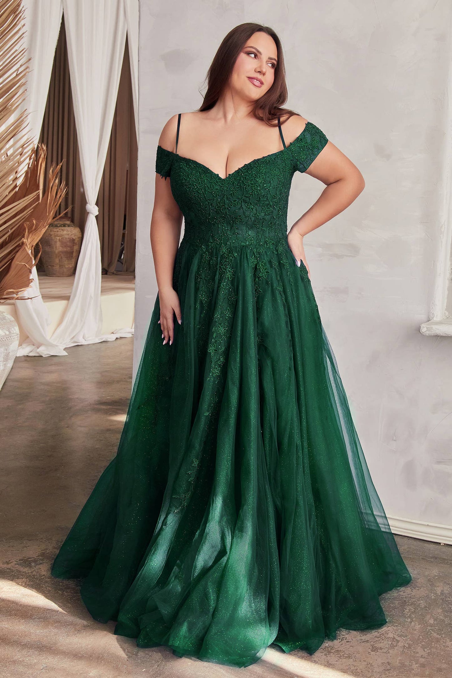 Ladivine by Cinderella Divine - LAYERED TULLE & LACE OFF THE SHOULDER BALL GOWN
: Emerald / 24