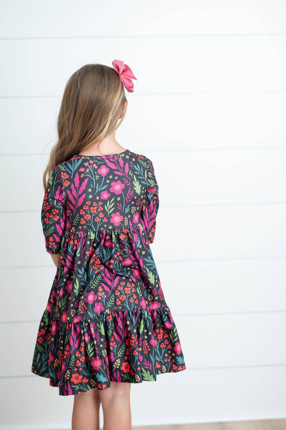 Oopsie Daisy - Girls Emma Dark Magenta Fall Floral Tiered Twirl Dress: 7/8