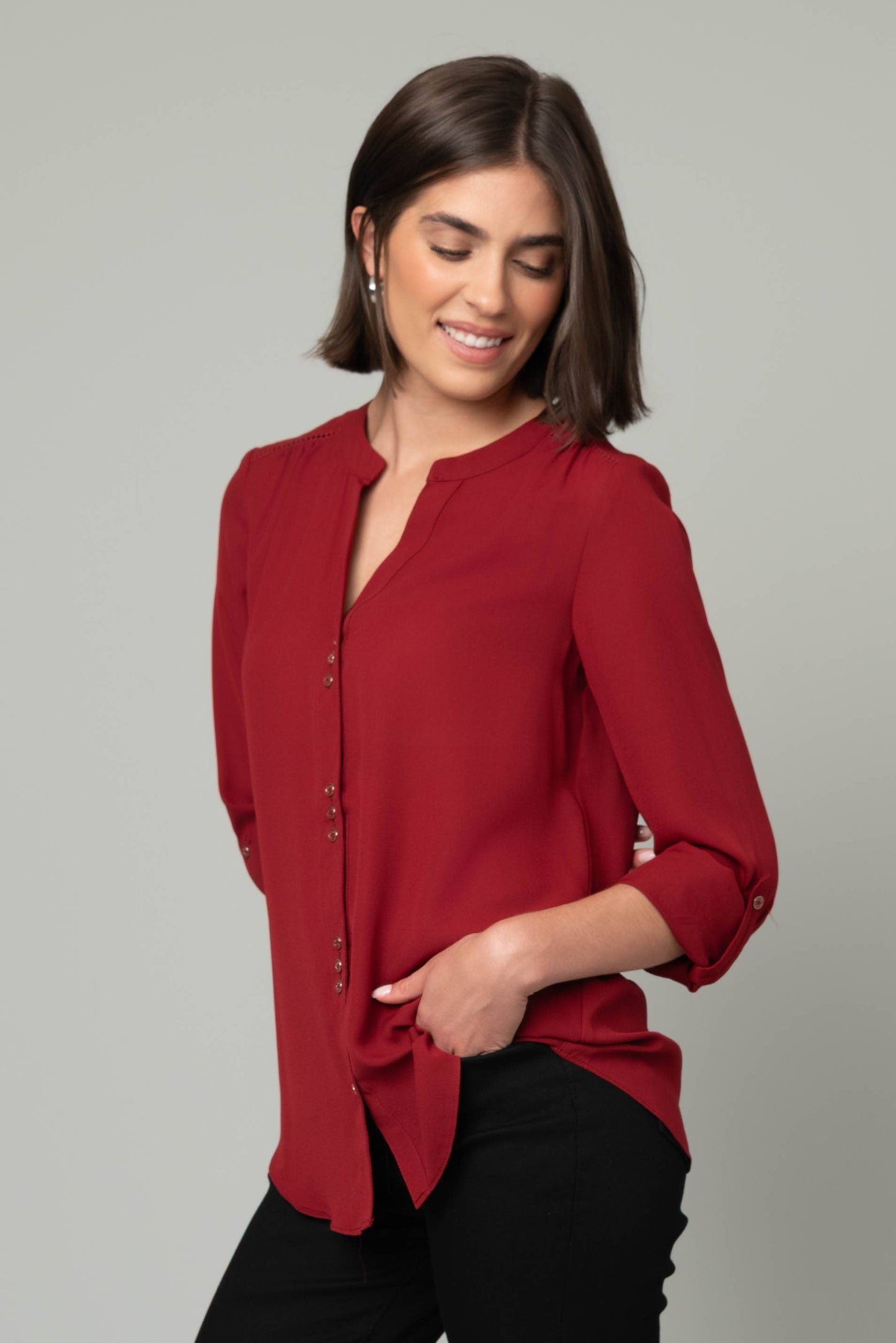 Pine Apparel - Roll Tab Button Front Top: Tomato