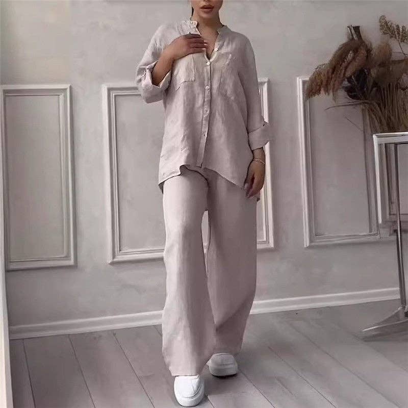 UZ Wholesale Store - Casual Solid Shirt Drawstring Wideleg Pants Set: BLACK / M