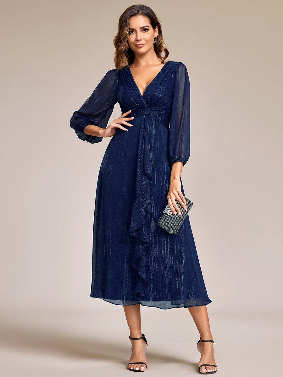 Ever-Pretty - Shiny Chiffon Wedding Guest Dress with Long Sleeve: Black / 12