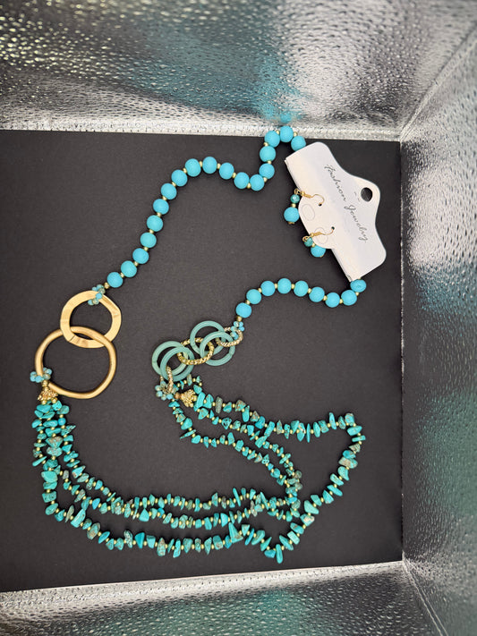L&B Creations Multi-Strand Turquoise, Wood, Brushed Gold Tone Statement Necklace Set