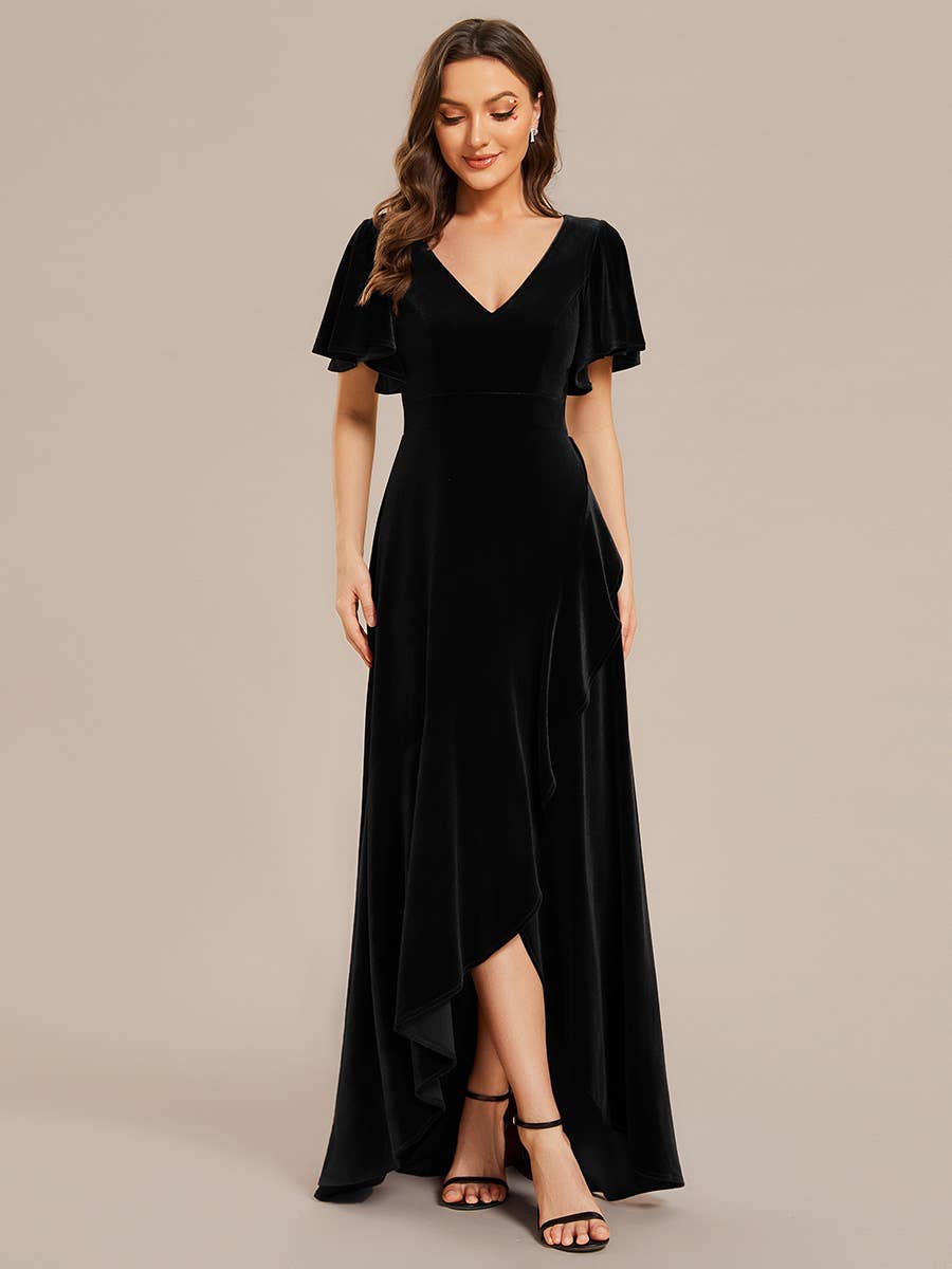 Ever-Pretty - High-low V Neck Evening Dress with Short Sleeves: Dark Purple