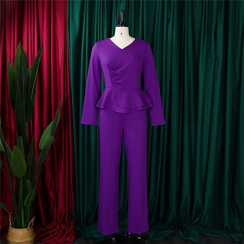 UZ Wholesale Store - Solid Color Ruffle V-Neck Two-Piece Set: PURPLE / XL